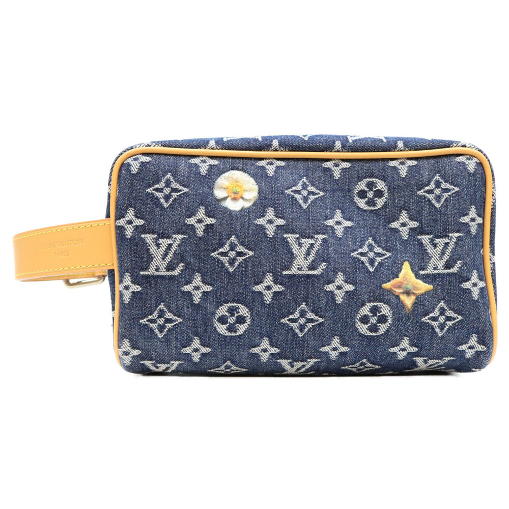 LOUIS VUITTON M28363 Monogram Denim Flower Locker Dopp Kit Handbag Indigo Sil...